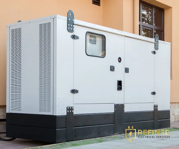 A large, tan whole-home standby generator installed on a concrete pad outdoors next to a residential brick wall.