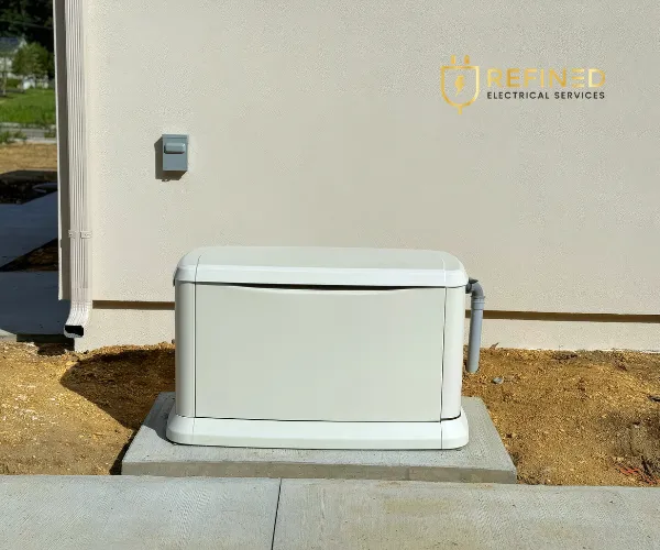 A side profile of a standby home generator positioned on a gravel and concrete base alongside a house.