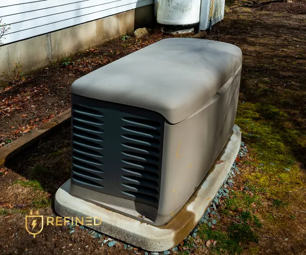 A large, tan whole-home standby generator installed on a concrete base next to a residential brick wall and air conditioning unit.