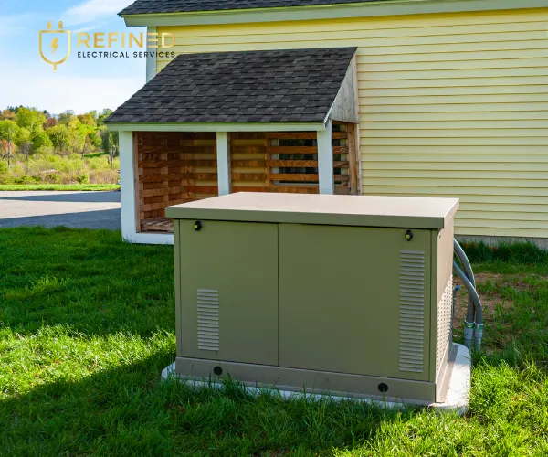 A front-facing view of a standby home generator positioned on a gravel and concrete pad alongside a house.